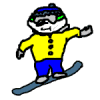 Frosty riding a snowboard